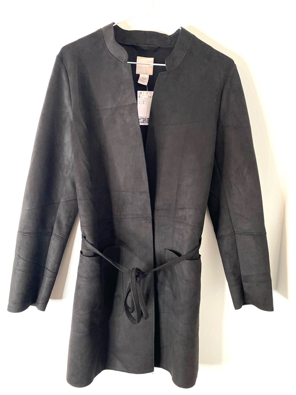 H&M Black Faux Suede Longline Belted Open Front Jacket Coat NWT